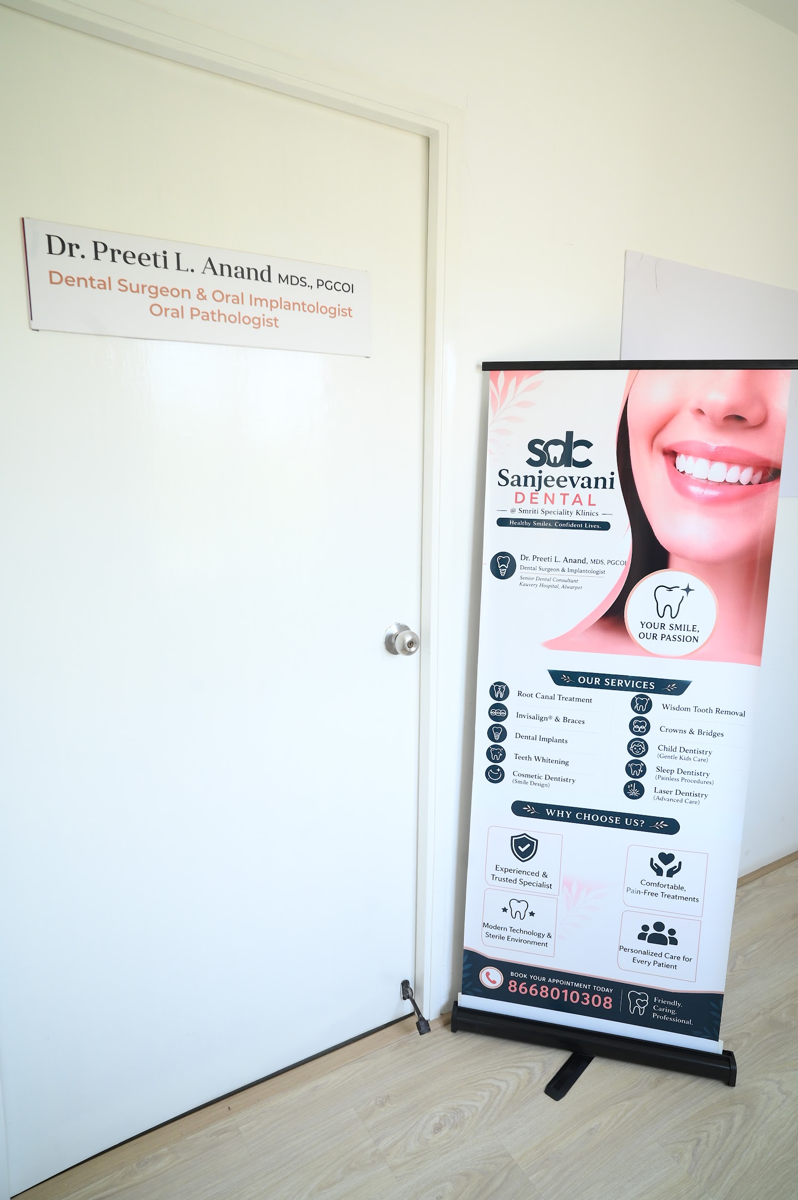 Sanjeevani Dental Clinic Besant Nagar entrance with Dr. Preeti L Anand credentials and services rollup